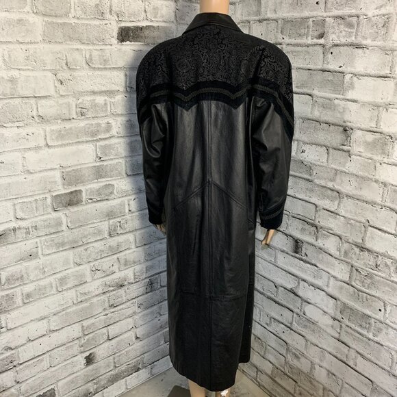 Vintage 80s 90s Leather Suede Trench Coat Long Medium Black Maxi Retro Overcoat - Picture 7 of 16